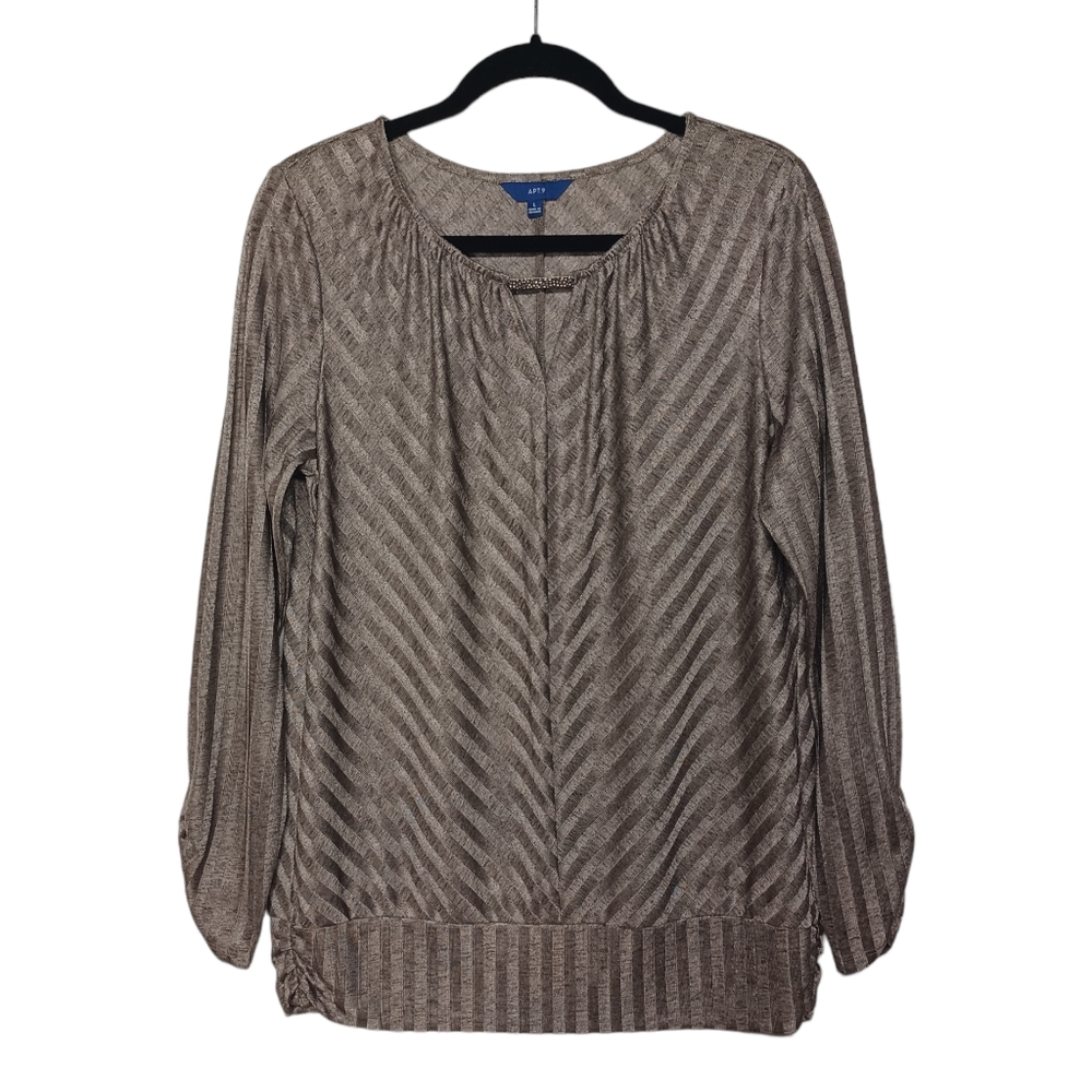 APT. 9 Gray Chevron Stripe Print Sheen Long Sleeve Keyhole Stretchy Top Large